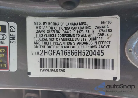 2006 Honda Civic Ex from USA, damaged, VIN 2HGFA16866H520445